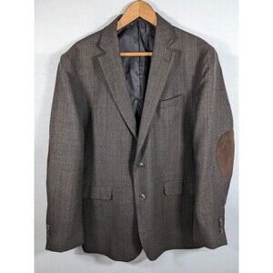 Jos A Bank 1905 Blazer 100% Wool Windowpane Elbow Patch Sport Coat 42R Academia